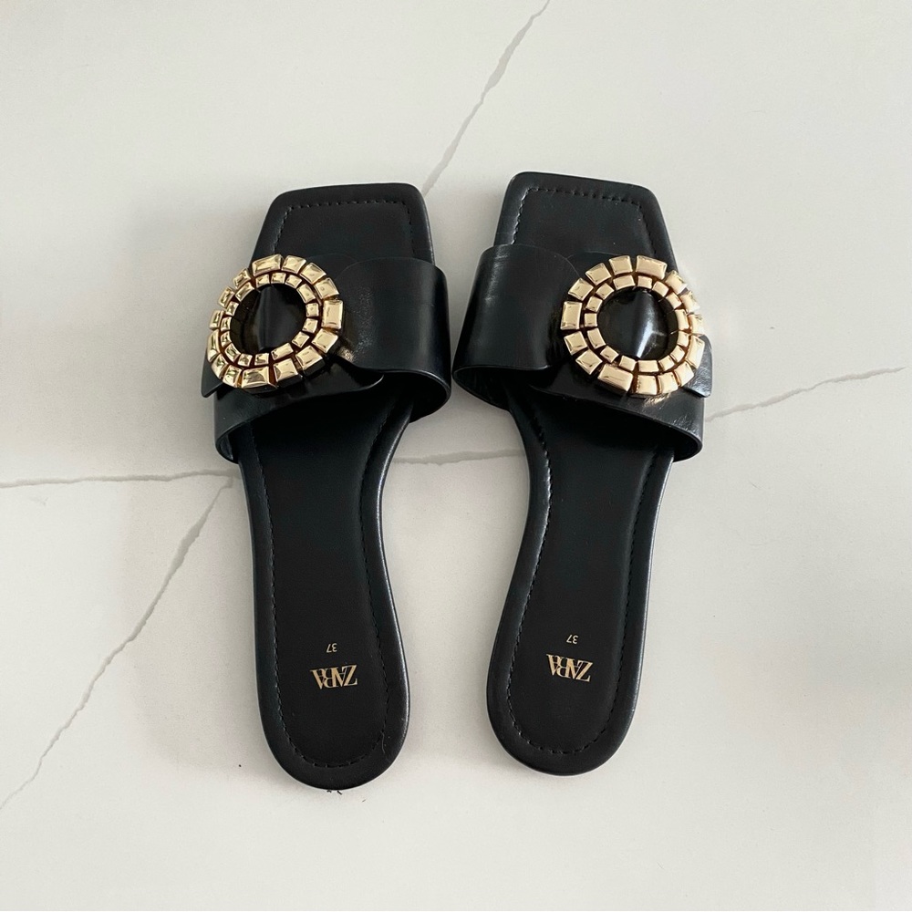 Genuine leather square toe slides with gold
